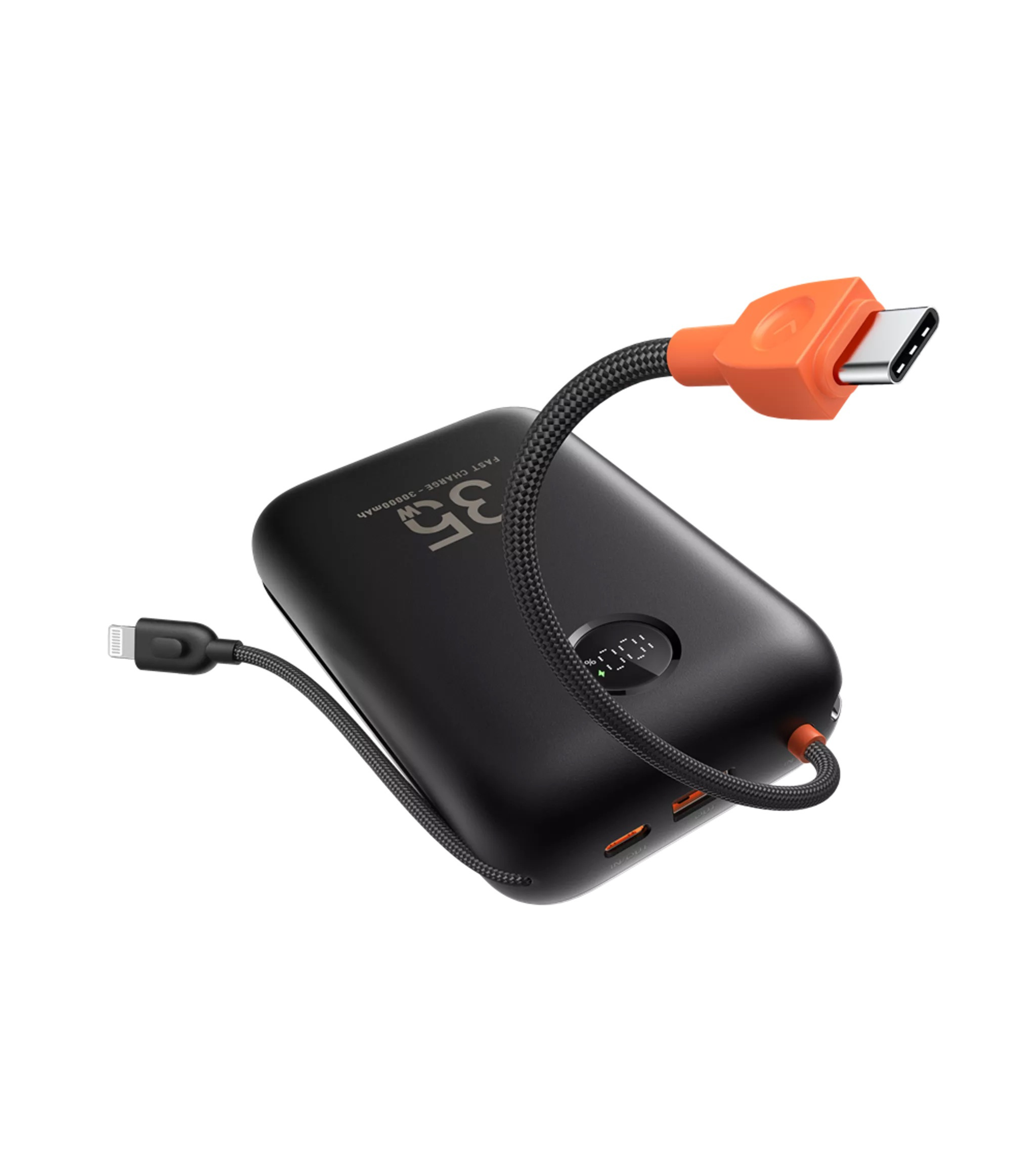 Veger - K3 - 30,000mAh 35W PD Digital Display Powerbank With Built In Non-MFI Lightning & USB-C Cable - Black