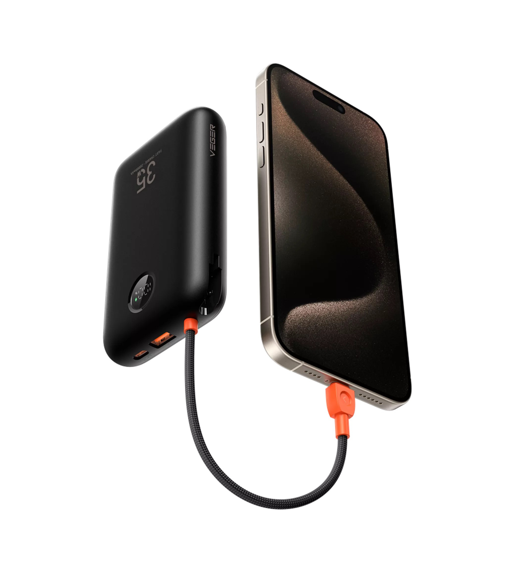 Veger - K2 - 20,000mAh 35W PD Digital Display Powerbank With Built In Non-MFI Lightning & USB-C Cable - Black