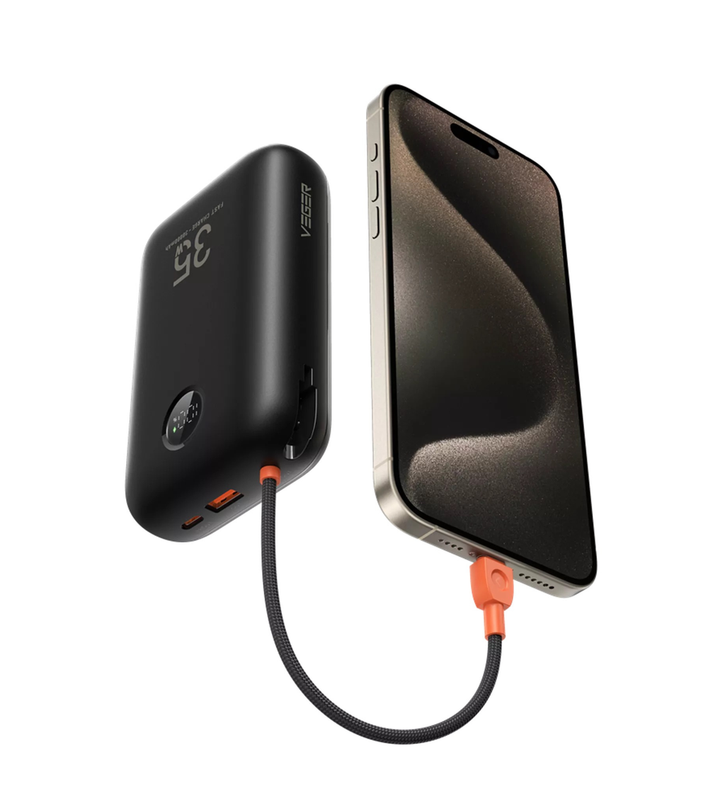 Veger - K3 - 30,000mAh 35W PD Digital Display Powerbank With Built In Non-MFI Lightning & USB-C Cable - Black