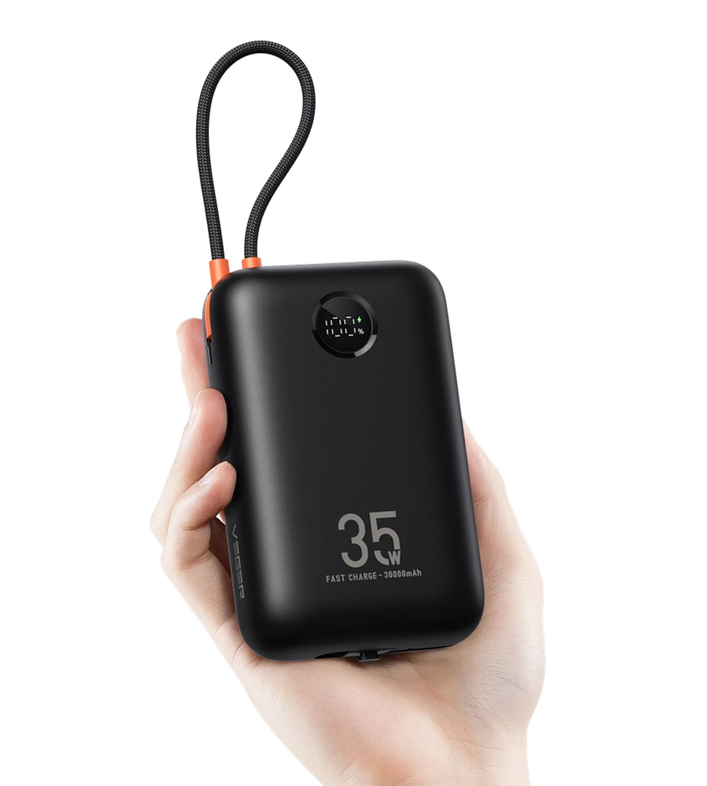 Veger - K3 - 30,000mAh 35W PD Digital Display Powerbank With Built In Non-MFI Lightning & USB-C Cable - Black