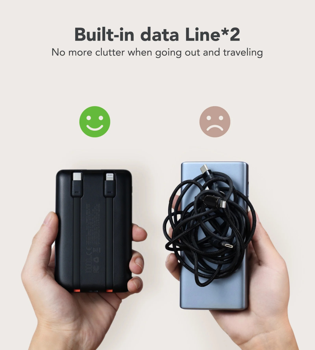 Veger - C11 - 10,000mAh 22.5W PD Digital Display Light Weight Powerbank With Built In Non-MFI Lightning & USB-C Cable - Black