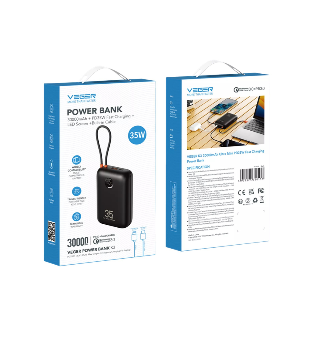 Veger - K3 - 30,000mAh 35W PD Digital Display Powerbank With Built In Non-MFI Lightning & USB-C Cable - Black