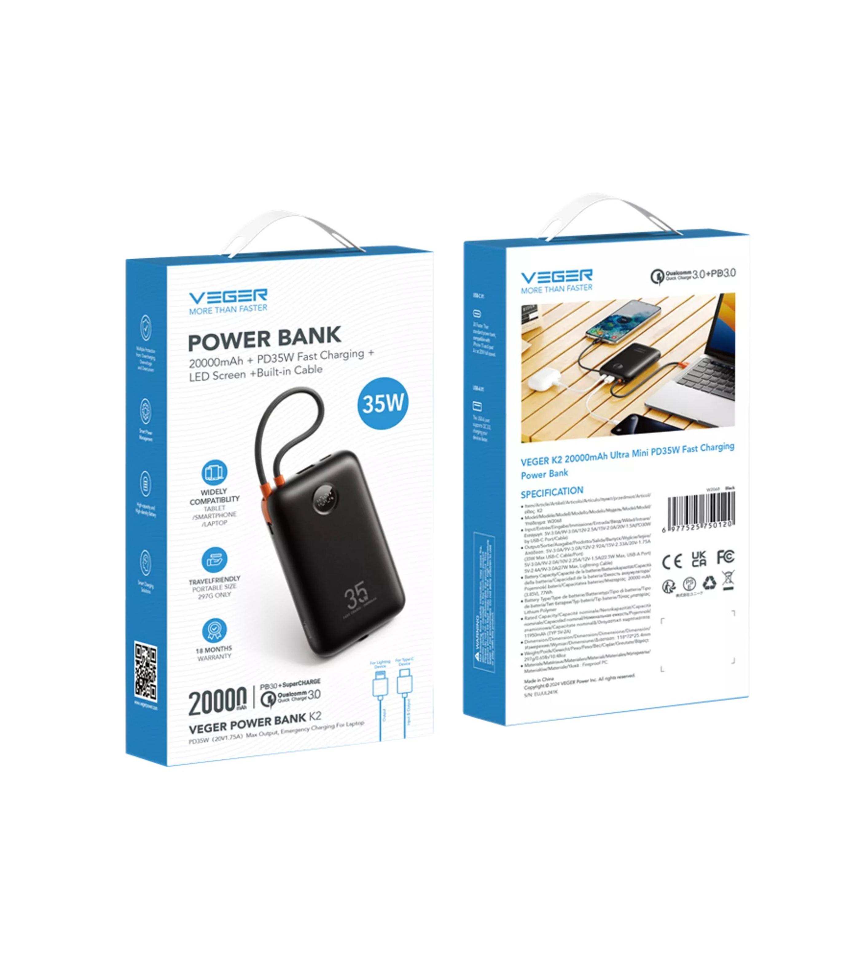 Veger - K2 - 20,000mAh 35W PD Digital Display Powerbank With Built In Non-MFI Lightning & USB-C Cable - Black