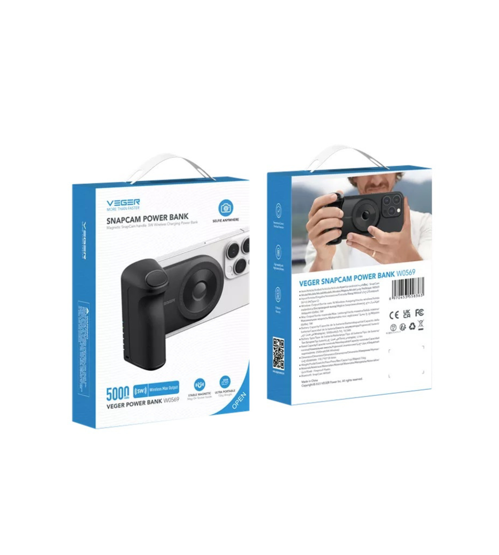 Veger - SnapCam - 5,000mAh 5W Bluetooth Selfie Controller, Kickstand & MagSafe Powerbank - Black