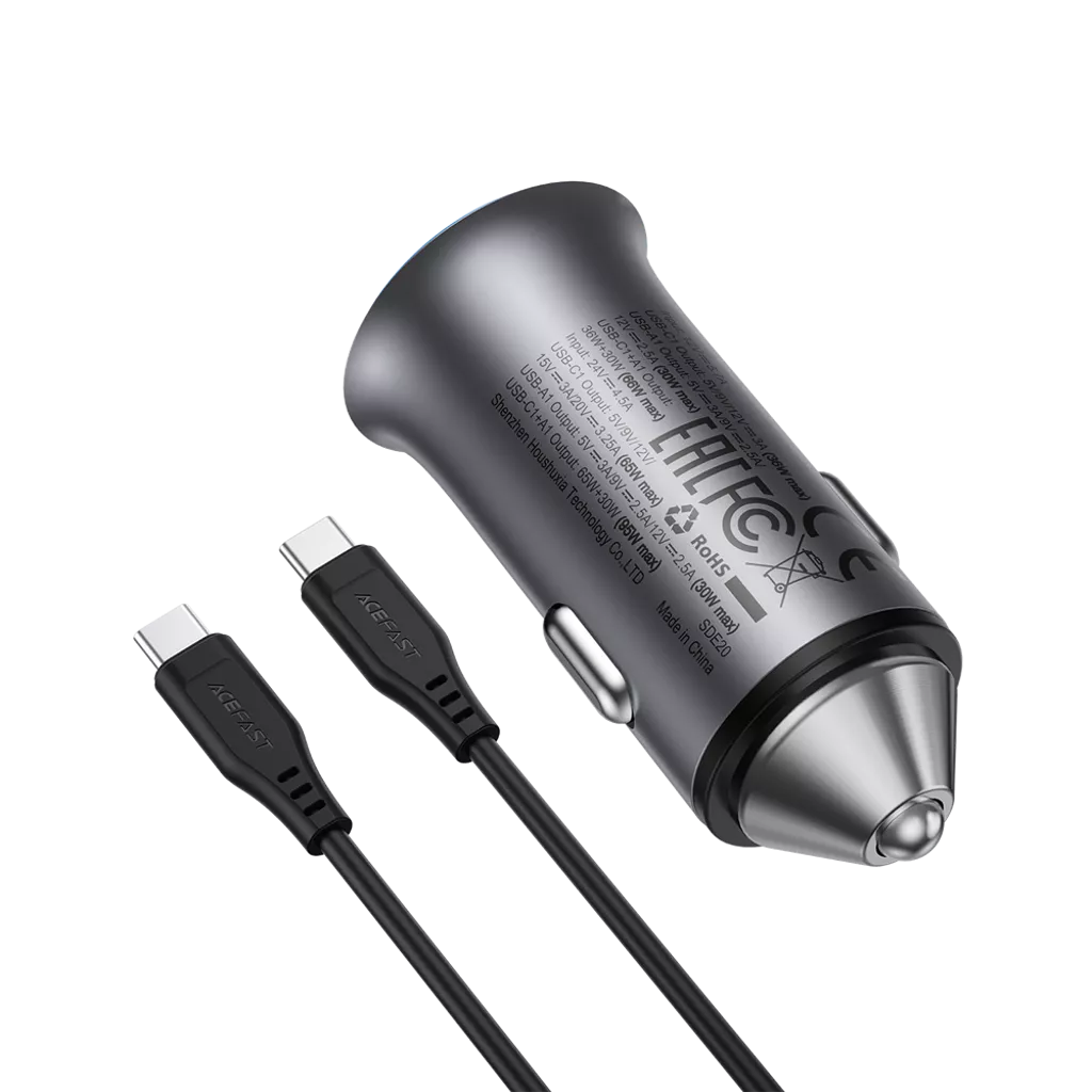 Acefast In-Car Charger USB-C & USB-A Ports 95W with 1.2m C-C cable