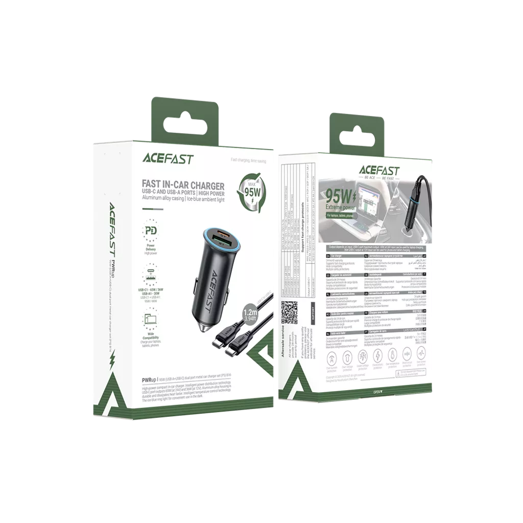 Acefast In-Car Charger USB-C & USB-A Ports 95W with 1.2m C-C cable