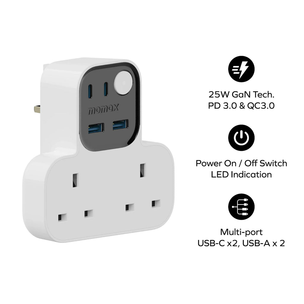1-Charge Work Flow T-Shaped Extension Cord With 2 Sockets, 2 USB-A and 2 USB-C Ports