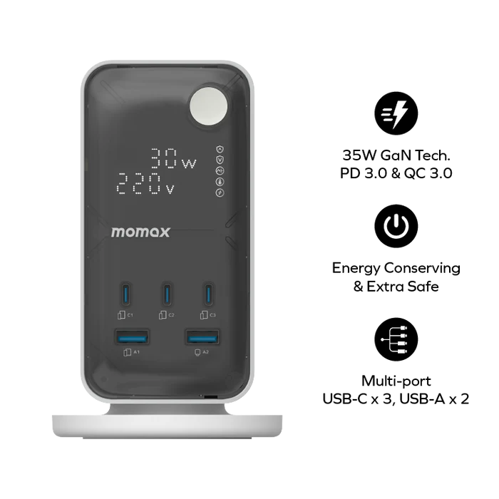 Momax 1-Charge Work Flow 6-Outlet GaN Power Tower 35W with USB Ports