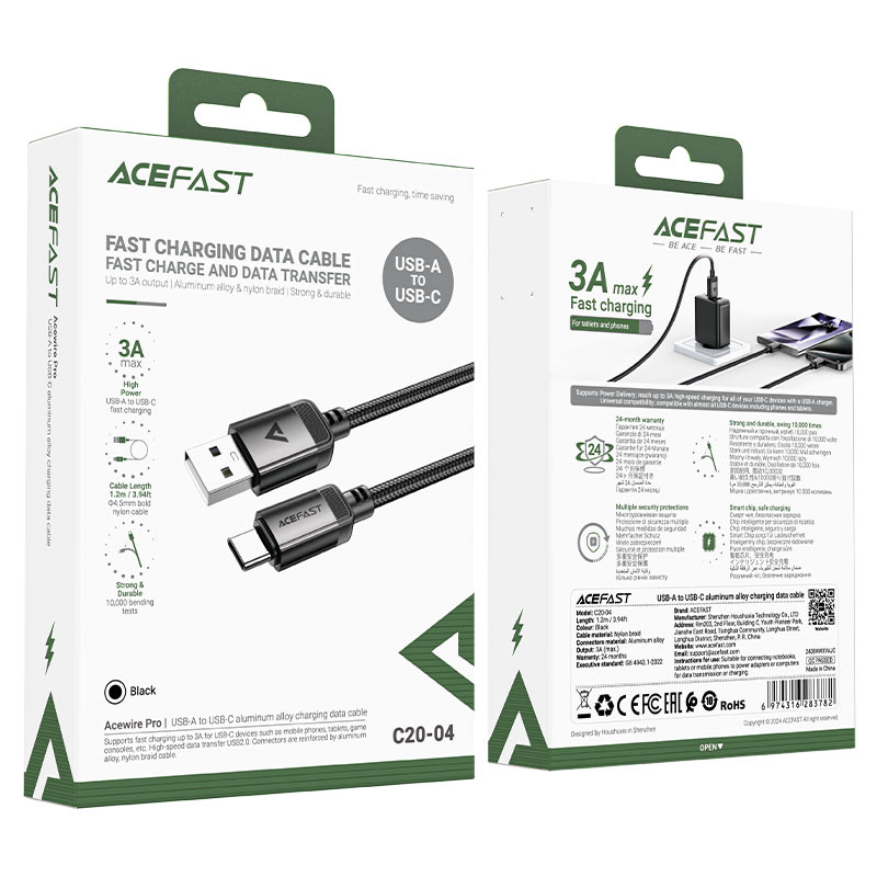 Acefast Charging Data Cable C20-04 USB-A to USB-C 3A (1.2metres)